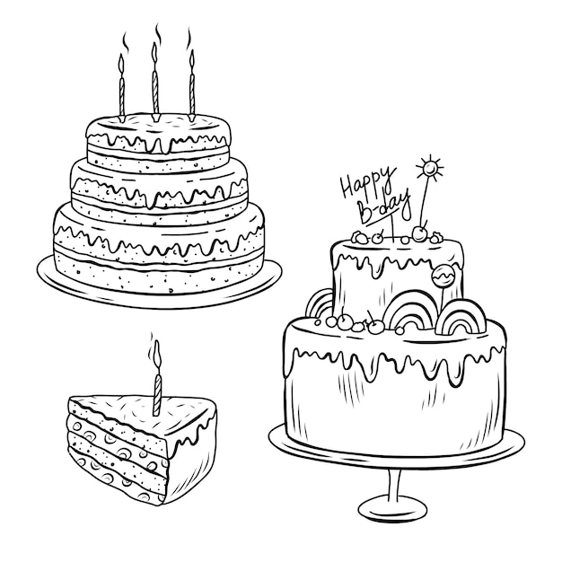 Vettore gratuito illustrazione del contorno della torta di compleanno disegnata a mano