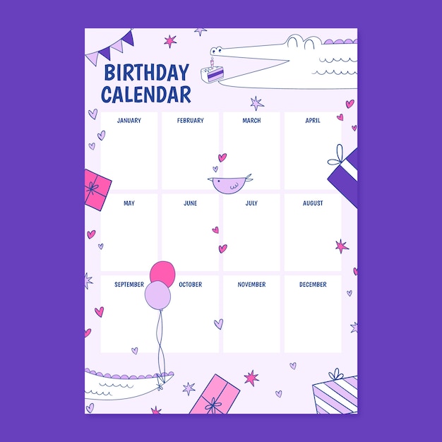 Free vector hand drawn birthday calendar template