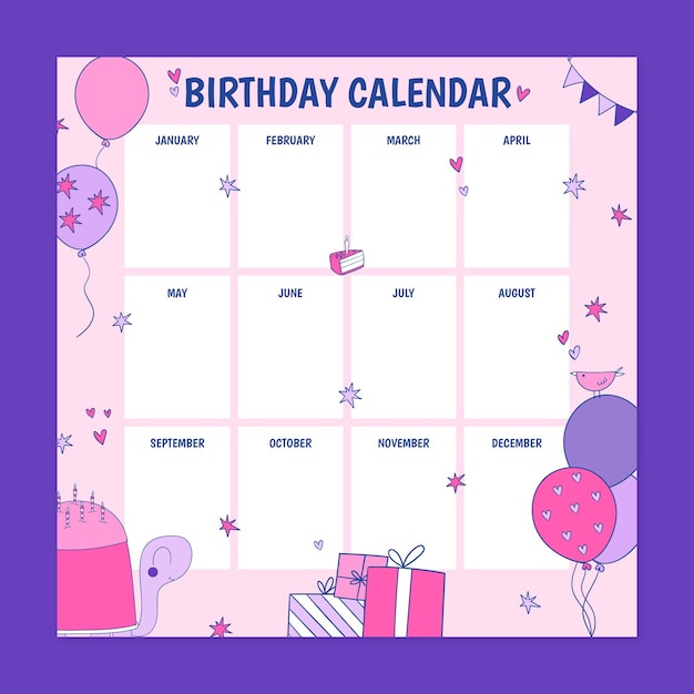 Free vector hand drawn birthday calendar template