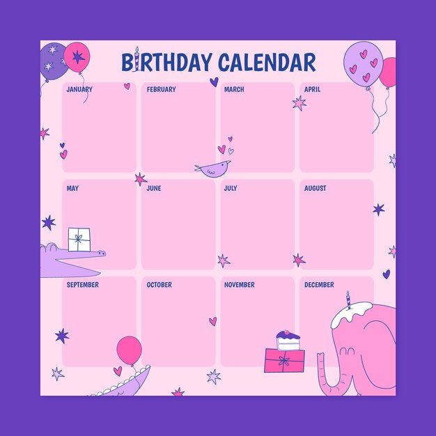 Free vector hand drawn birthday calendar template