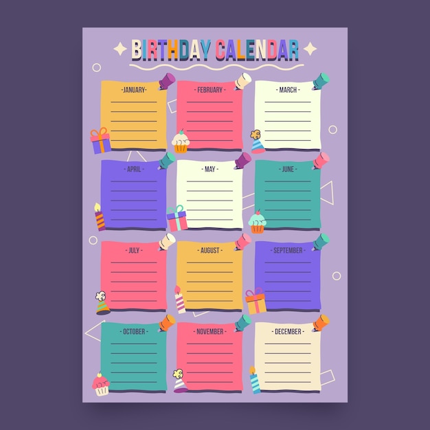 Hand drawn birthday calendar template