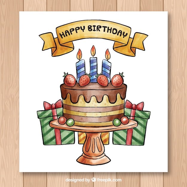 Free vector hand drawn birthday card with cake