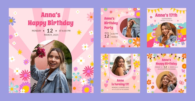 Hand drawn birthday celebration instagram posts set