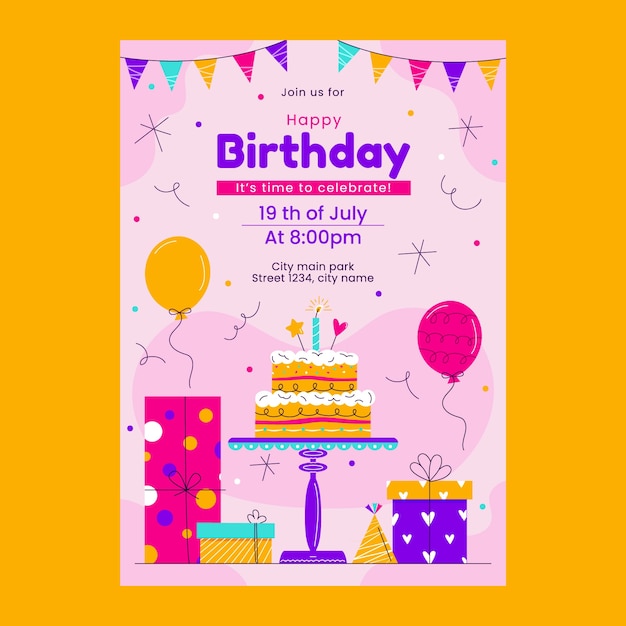 Vettore gratuito invito a una festa di compleanno disegnato a mano