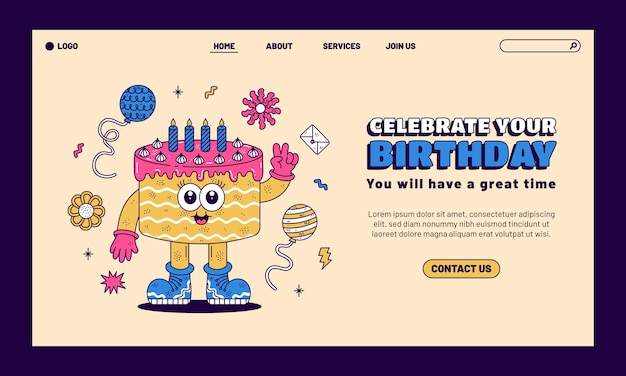 Vettore gratuito modello di pagina di destinazione per la celebrazione di compleanno disegnata a mano