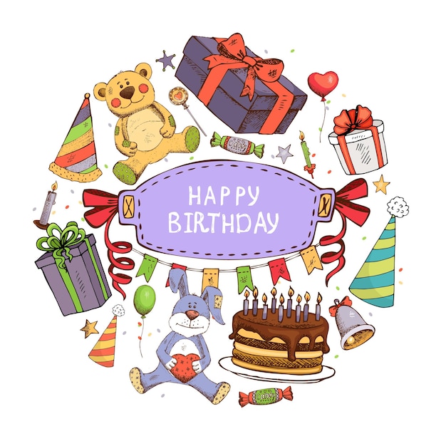 Нарисованные от руки элементы дня рождения круглая концепция с подарками представляет торт, конфеты, свечи, шапки для вечеринок, гирлянды, воздушные шары, колокольчик, медведь и кролик, игрушки иллюстрации