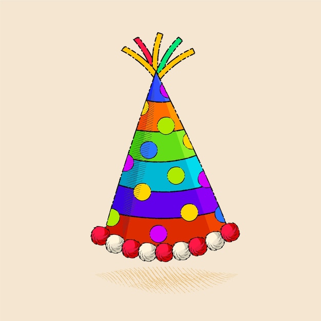 Vettore gratuito illustrazione di cappello di compleanno disegnato a mano