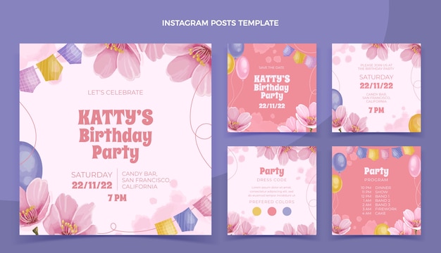 Vettore gratuito collezione di post di instagram di compleanno disegnati a mano