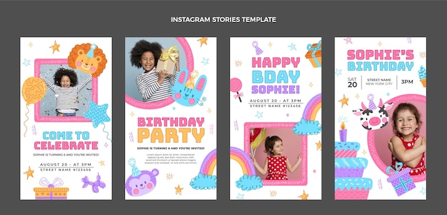 無料ベクター 手描きの誕生日のinstagramの物語