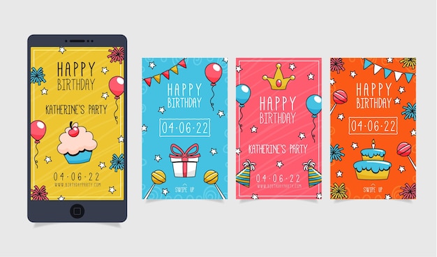 Free vector hand drawn birthday instagram story collection