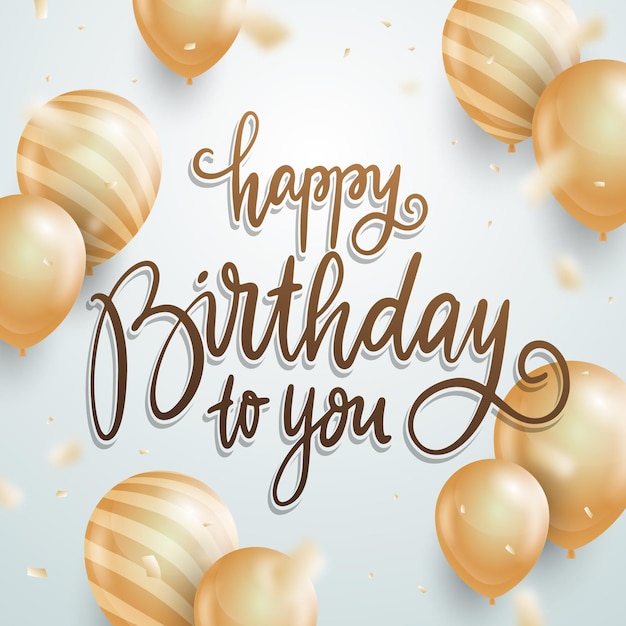 Hand drawn birthday lettering with realistic golden balloons