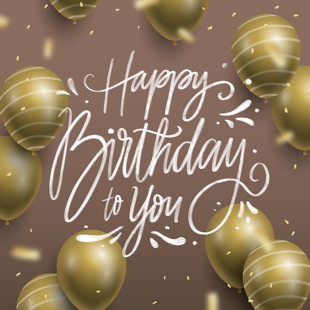 Hand drawn birthday lettering with realistic golden balloons