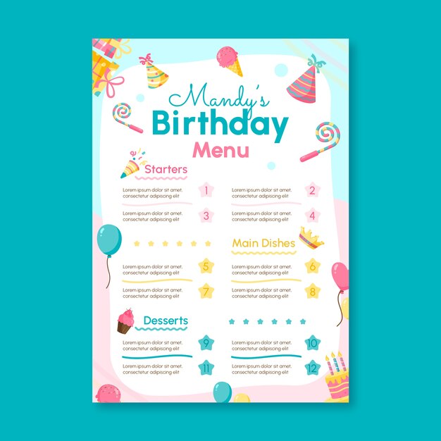 Hand drawn birthday menu template