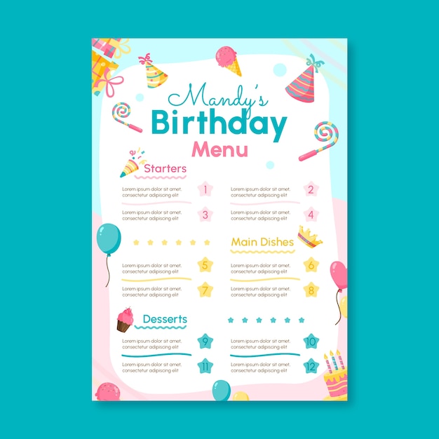 hand drawn birthday menu template