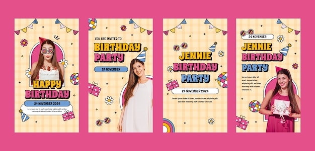 Free vector hand drawn birthday party instagram stories