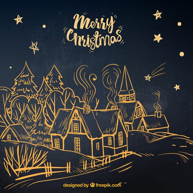 Hand drawn black background with a contour of a christmas city