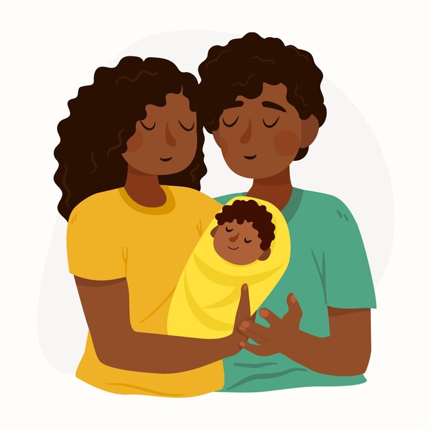 赤ちゃんと手描きの黒人家族
