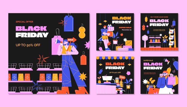 Free vector hand drawn black friday instagram post set