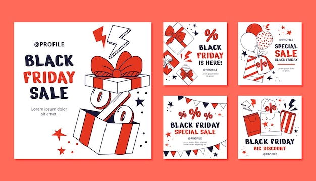 Free vector hand drawn black friday instagram posts collection