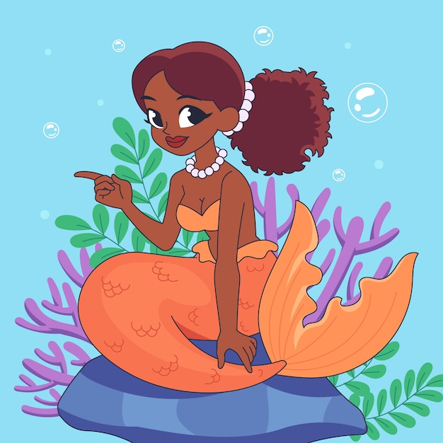 Hand drawn black mermaid illustration