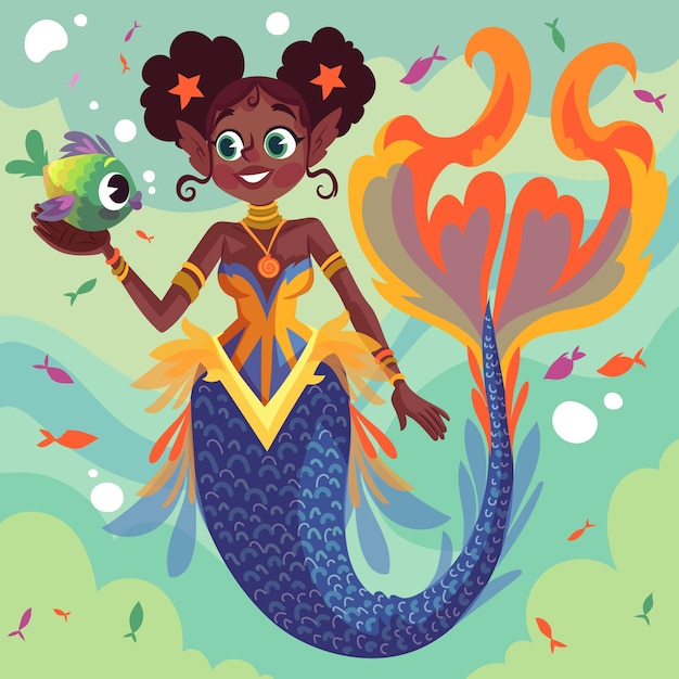 Hand drawn black mermaid illustration