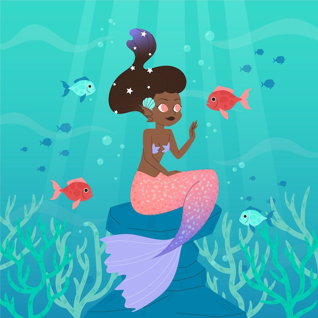 Hand drawn  black mermaid illustration