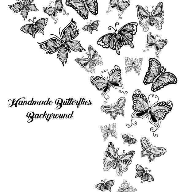 hand drawn black and white butterflies background