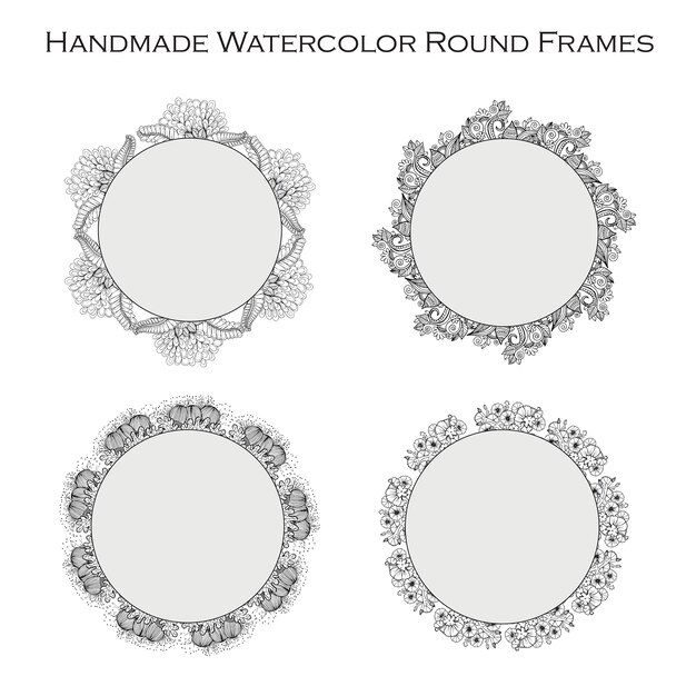 hand drawn black and white circular floral Frames collection