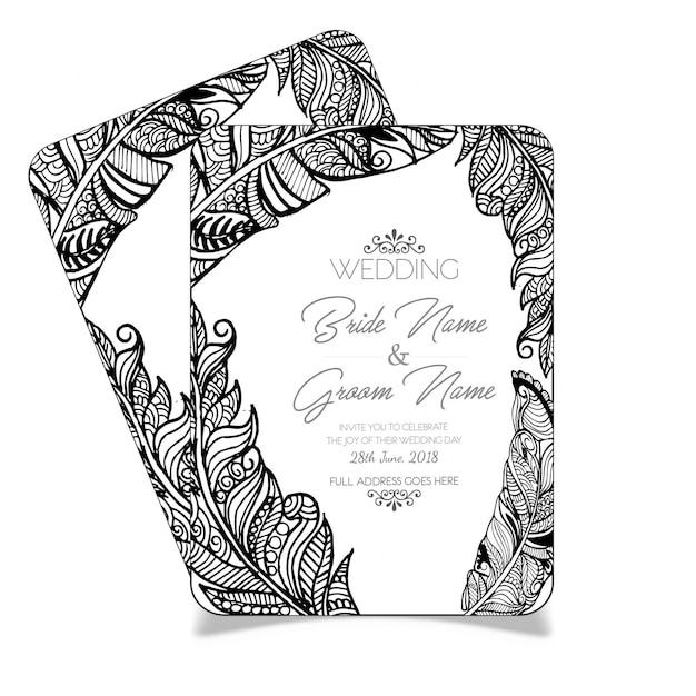 Hand drawn black and white feather wedding card