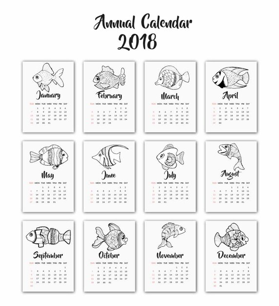 Рисованные черно-белые рыбы календарь 2018