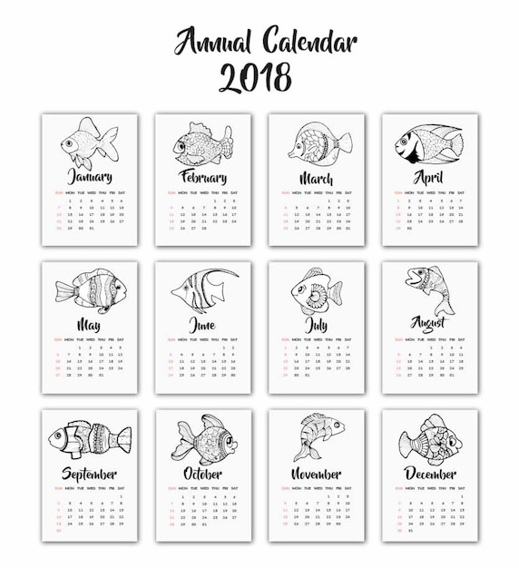 hand drawn black and white fishes calendar 2018