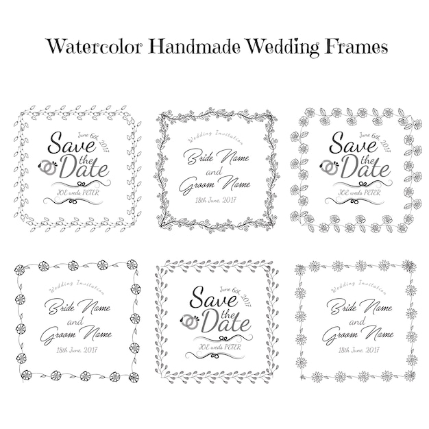 Free vector hand drawn black and white floral wedding invitation frames