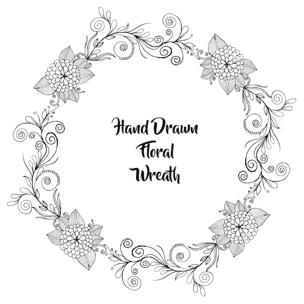 Hand drawn black and white floral wreath