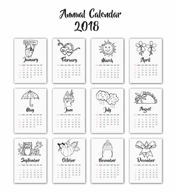 Hand drawn black and white seasonal calendar 2018