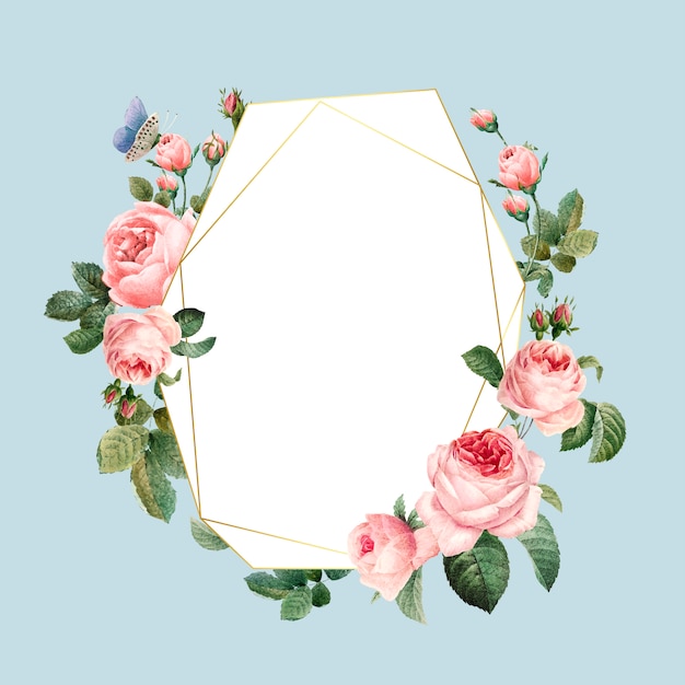 Free vector hand drawn blank pink roses frame on blue background vector