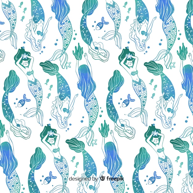 Hand drawn blue gradient mermaid pattern