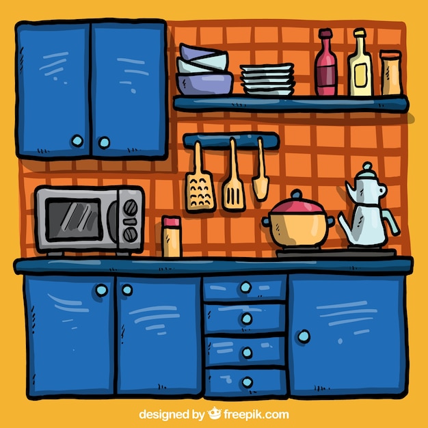 Hand drawn blue kitchen