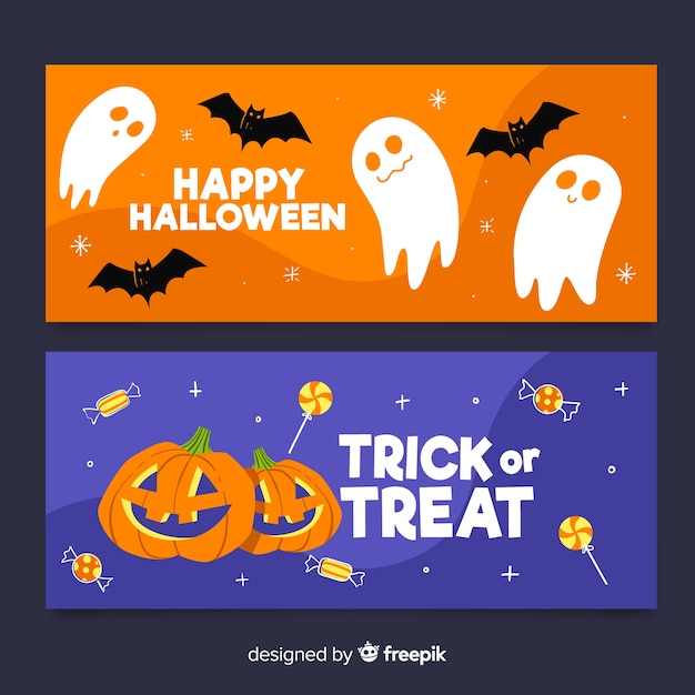 Hand drawn blue and orange halloween banners