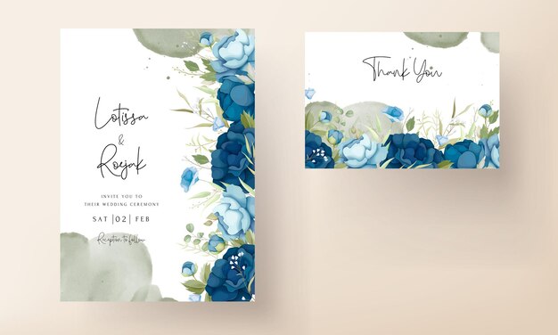 手描きの青い牡丹の花の結婚式の招待状