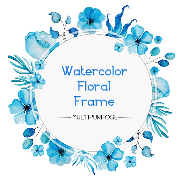 손으로 그린 블루 수채화 꽃 둥근 프레임 디자인