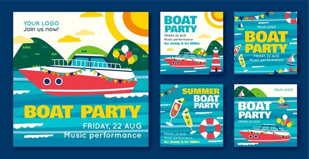 Hand drawn boat party instagram posts