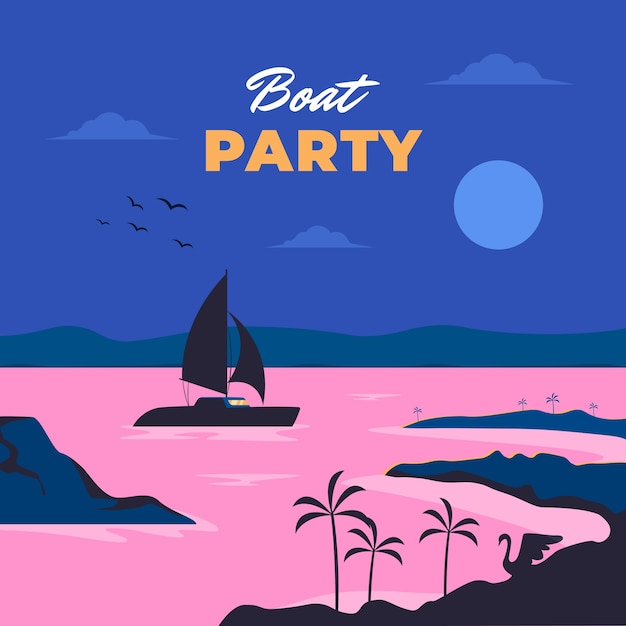 手描きボートパーティーピンクの海のイラスト