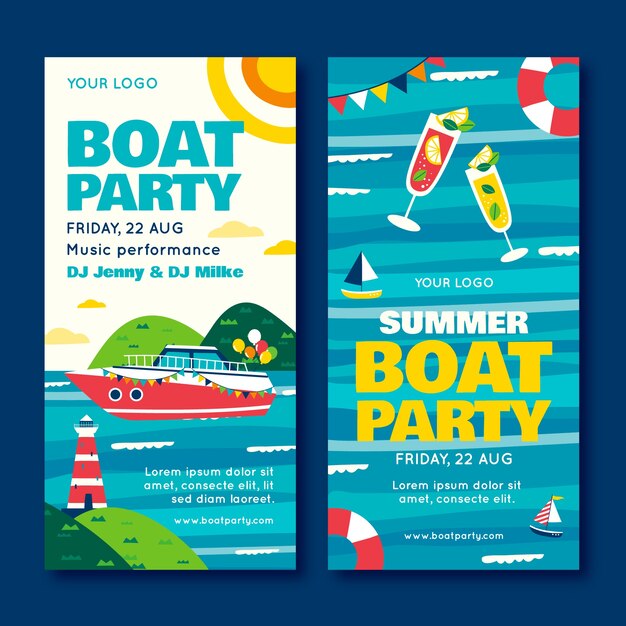 Hand drawn boat party vertical banner