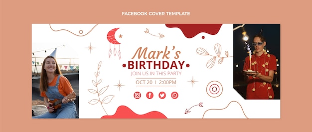 Vettore gratuito copertina facebook di compleanno boho disegnata a mano