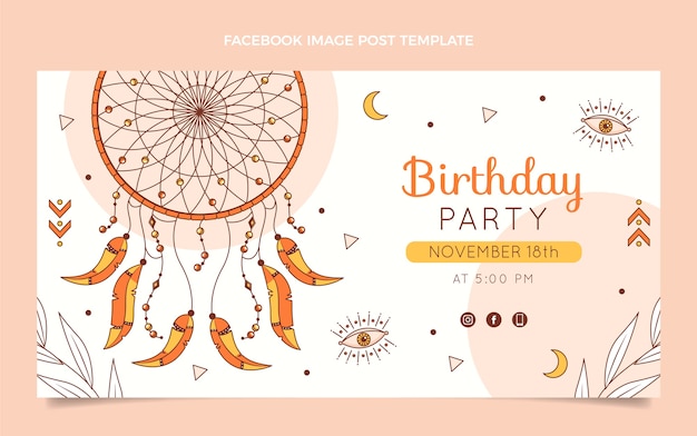 Vettore gratuito post di facebook di compleanno boho disegnato a mano