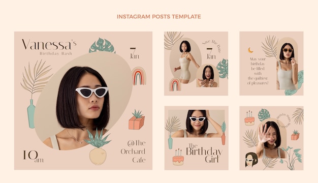 Free vector hand drawn boho birthday instagram posts