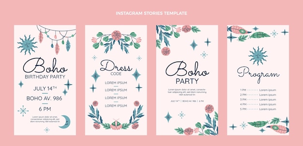 Collezione di storie di instagram di compleanno boho disegnate a mano