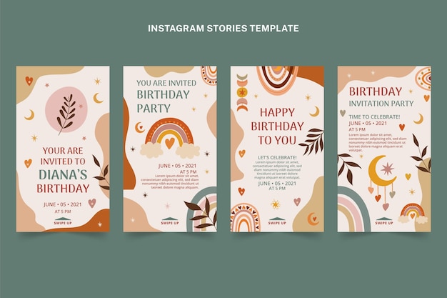 Free vector hand drawn boho birthday instagram stories