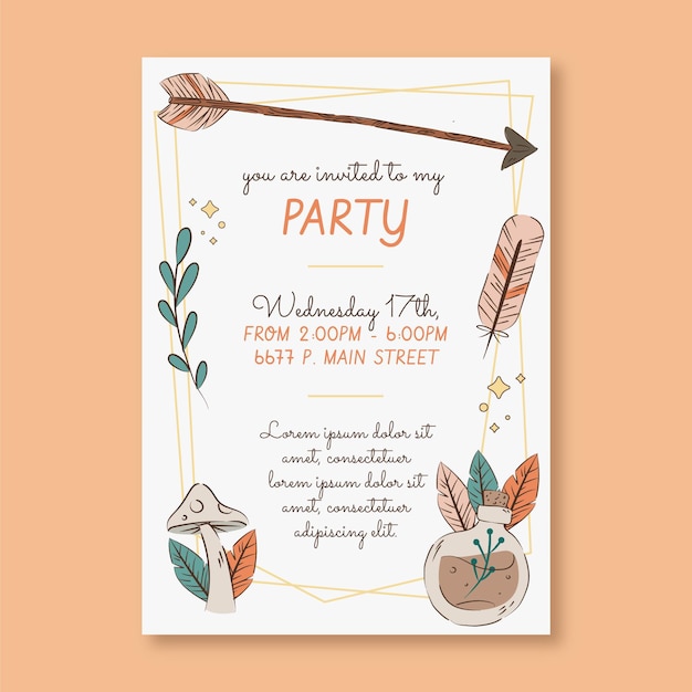 Hand drawn boho birthday invitation template