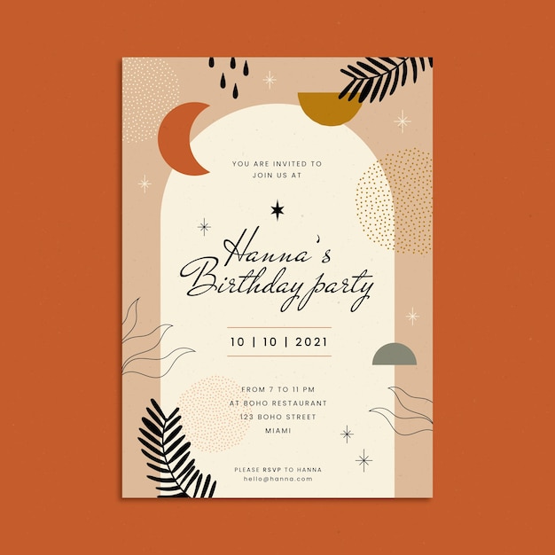 Hand drawn boho birthday invitation template